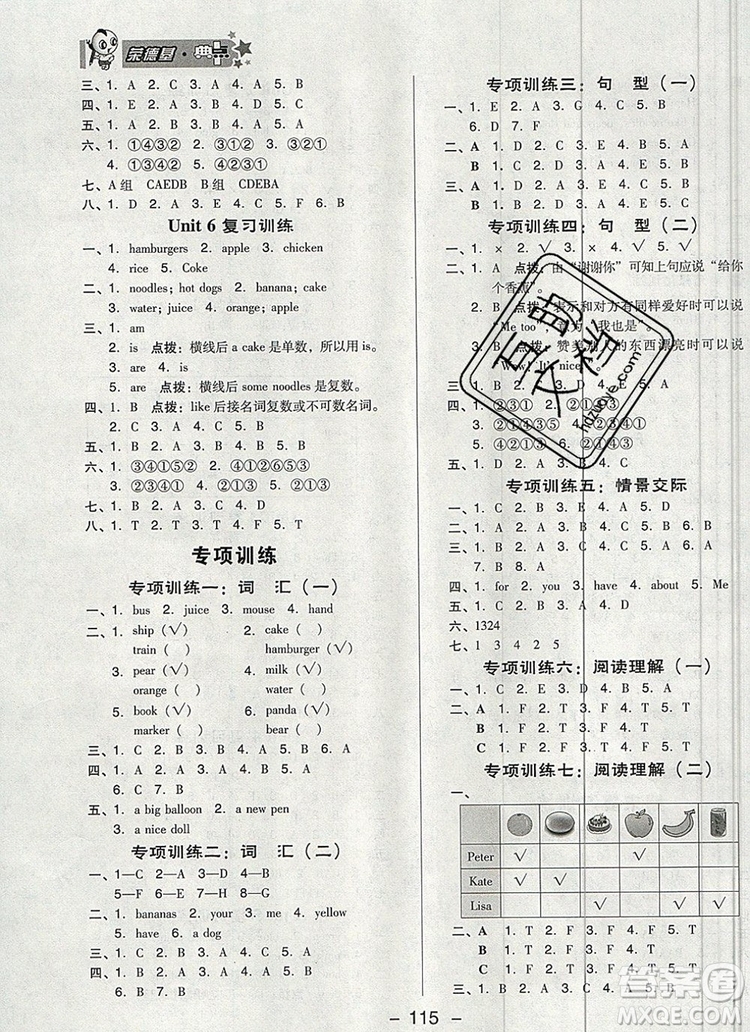 2019年綜合應(yīng)用創(chuàng)新題典中點三年級英語上冊精通版參考答案