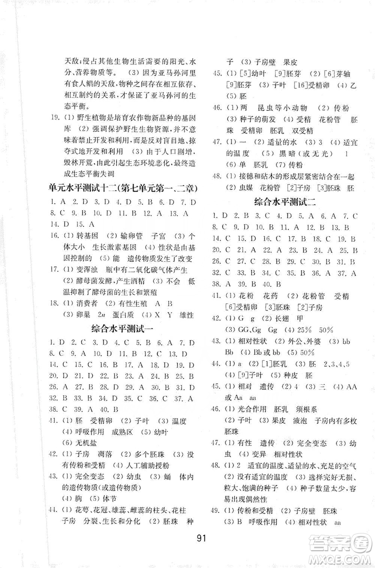 山東教育出版社2019初中基礎(chǔ)訓(xùn)練八年級生物學(xué)全一冊人教版答案