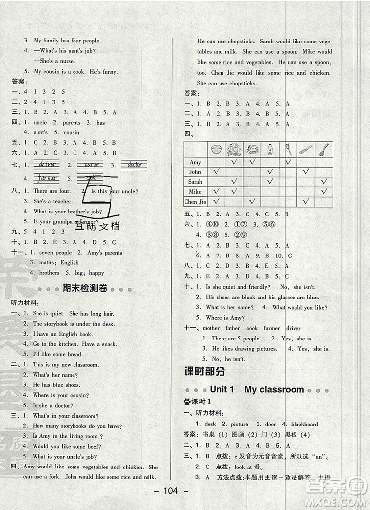 2019年綜合應用創(chuàng)新題典中點四年級英語上冊人教PEP版參考答案