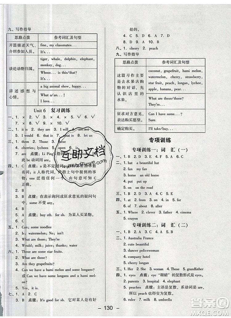 2019年綜合應(yīng)用創(chuàng)新題典中點(diǎn)五年級(jí)英語上冊(cè)精通版參考答案