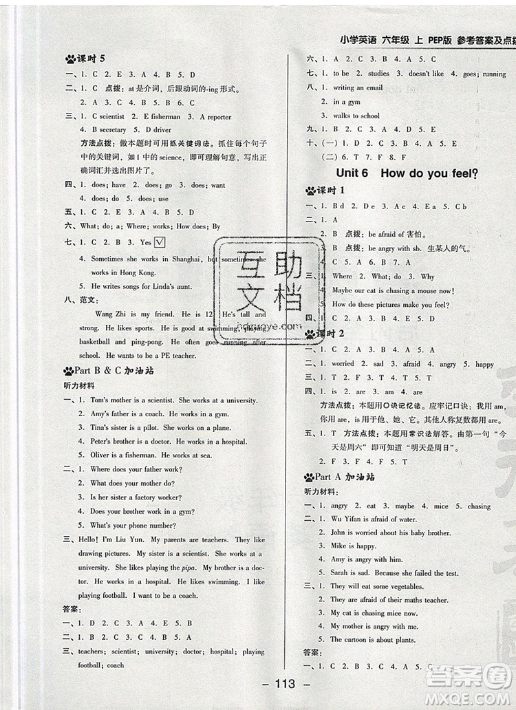 2019年綜合應用創(chuàng)新題典中點六年級英語上冊人教PEP版參考答案