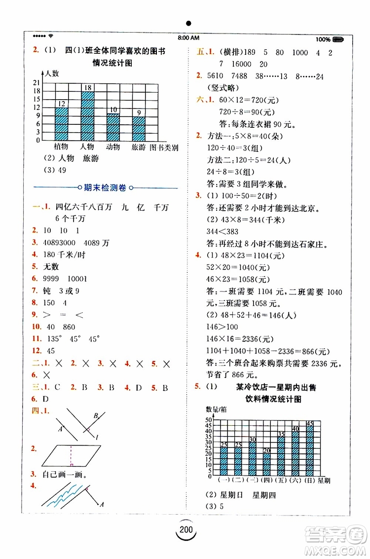 安徽人民出版2019年全易通小學(xué)數(shù)學(xué)四年級上RJ人教版參考答案