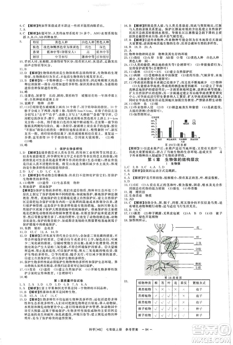 2019全效提分卷七年級(jí)上冊(cè)科學(xué)華師版HS答案