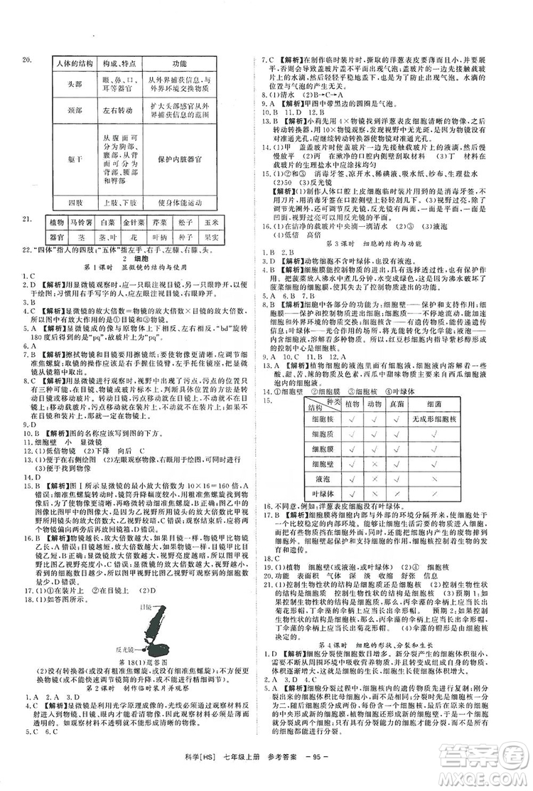 2019全效提分卷七年級(jí)上冊(cè)科學(xué)華師版HS答案