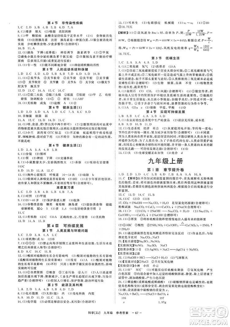 2019全效提分卷九年級上冊科學(xué)浙江版答案