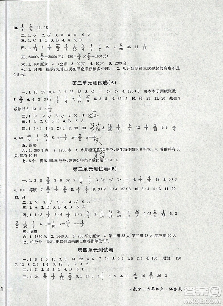 2019年名師點(diǎn)撥培優(yōu)密卷六年級(jí)數(shù)學(xué)上冊(cè)江蘇版參考答案