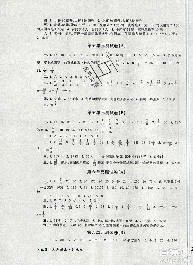 2019年名師點(diǎn)撥培優(yōu)密卷六年級(jí)數(shù)學(xué)上冊(cè)江蘇版參考答案