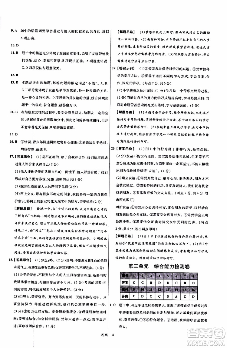 2020版一遍過單元綜合能力檢測卷初中道德與法治七年級上冊RJ人教版參考答案