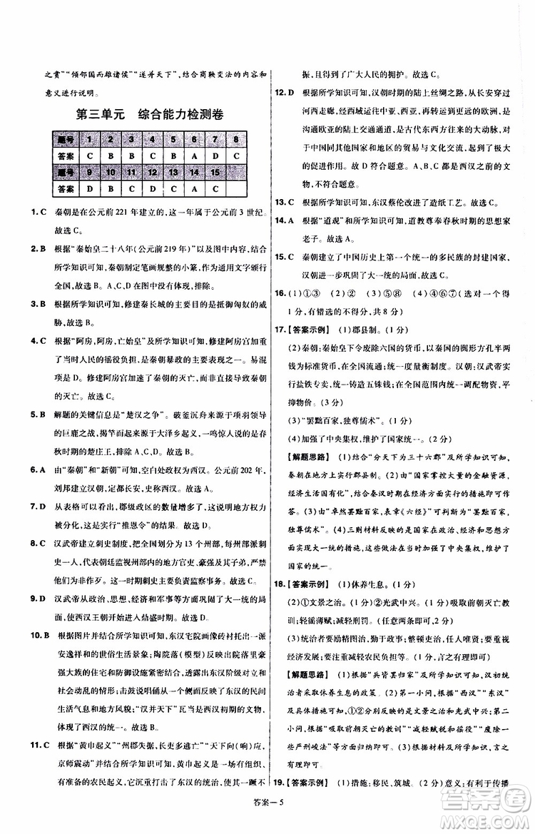 2020版一遍過單元綜合能力檢測卷初中歷史七年級上冊RJ人教版參考答案