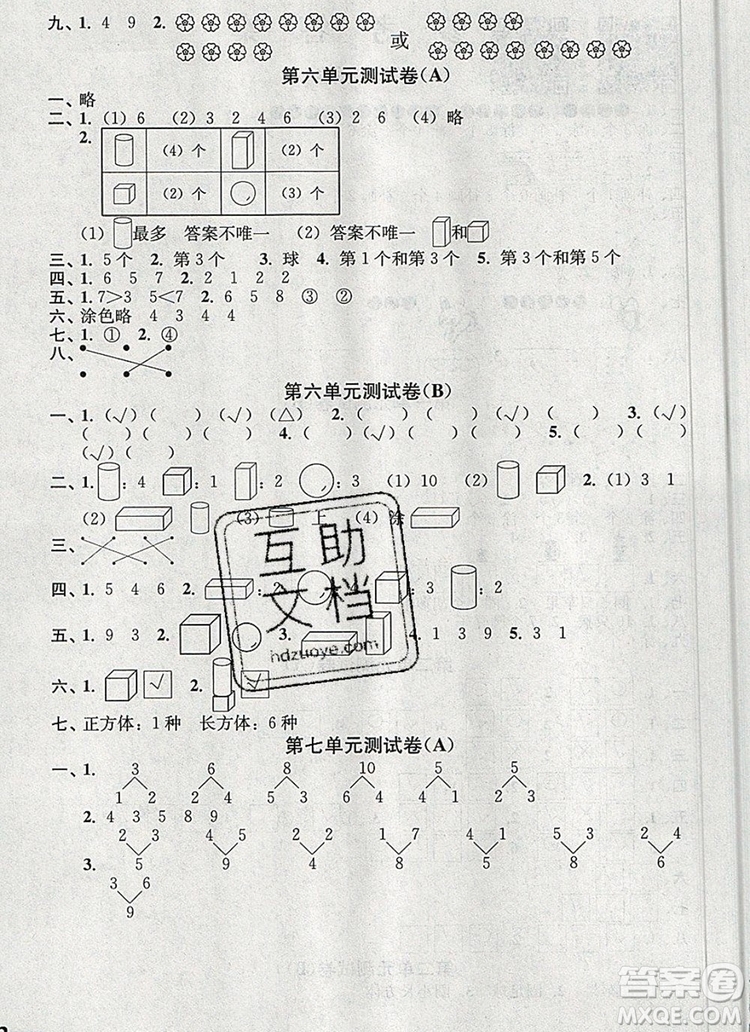 2019年名師點(diǎn)撥培優(yōu)密卷一年級(jí)數(shù)學(xué)上冊(cè)江蘇版參考答案