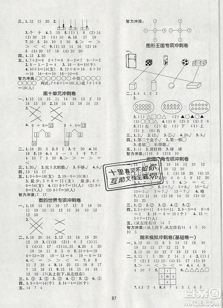 2019年名師點撥期末沖刺滿分卷一年級數(shù)學上冊參考答案