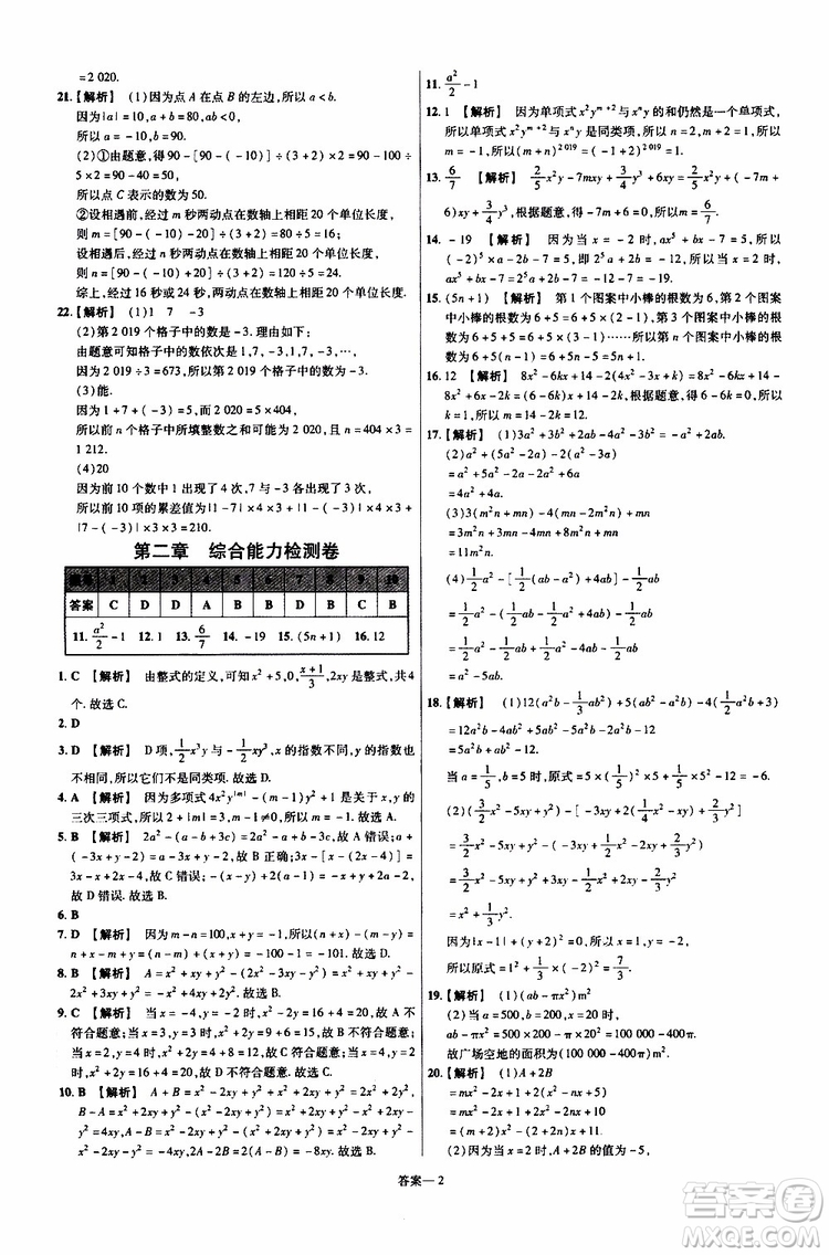 2020版一遍過單元綜合能力檢測卷初中數(shù)學七年級上冊RJ人教版參考答案