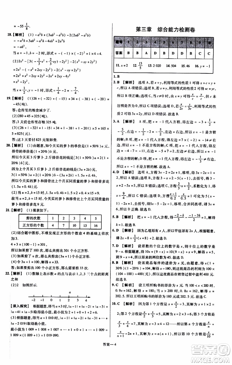 2020版一遍過單元綜合能力檢測卷初中數(shù)學七年級上冊RJ人教版參考答案