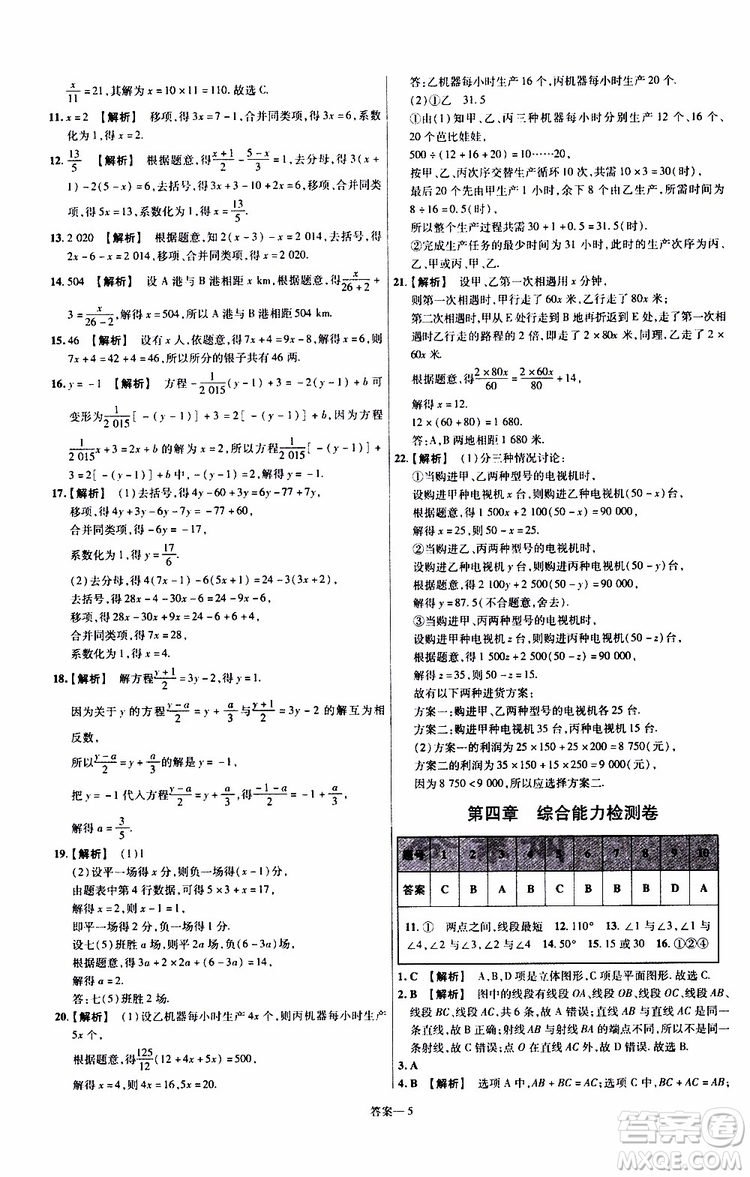 2020版一遍過單元綜合能力檢測卷初中數(shù)學七年級上冊RJ人教版參考答案