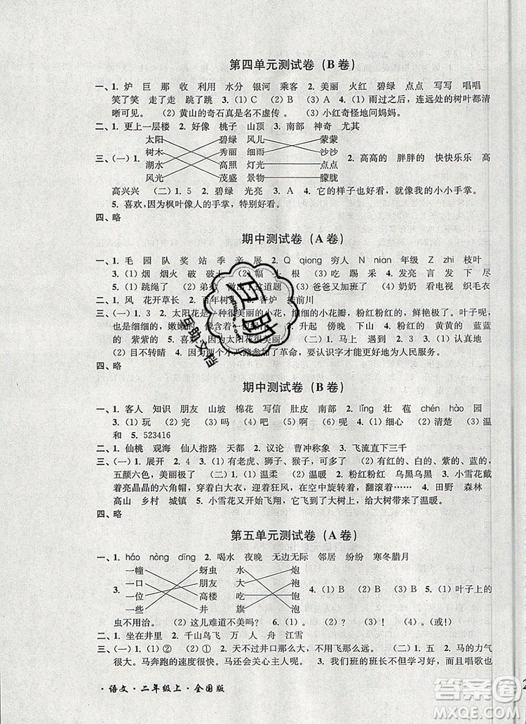 2019年名師點(diǎn)撥培優(yōu)密卷二年級(jí)語文上冊(cè)全國(guó)版參考答案