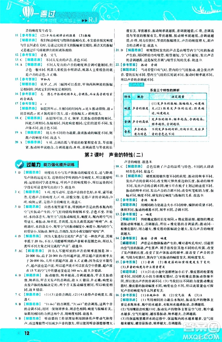 2020版天星教育一遍過初中物理八年級(jí)上冊(cè)RJ人教版參考答案