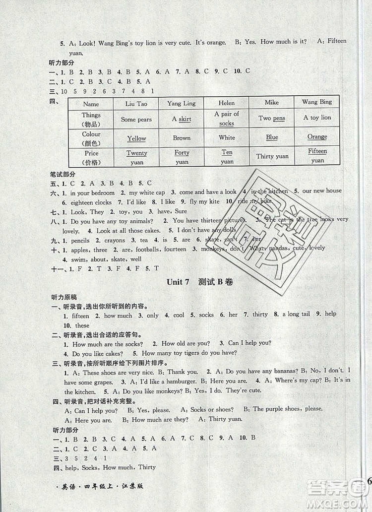 2019年名師點(diǎn)撥培優(yōu)密卷四年級(jí)英語(yǔ)上冊(cè)江蘇版參考答案