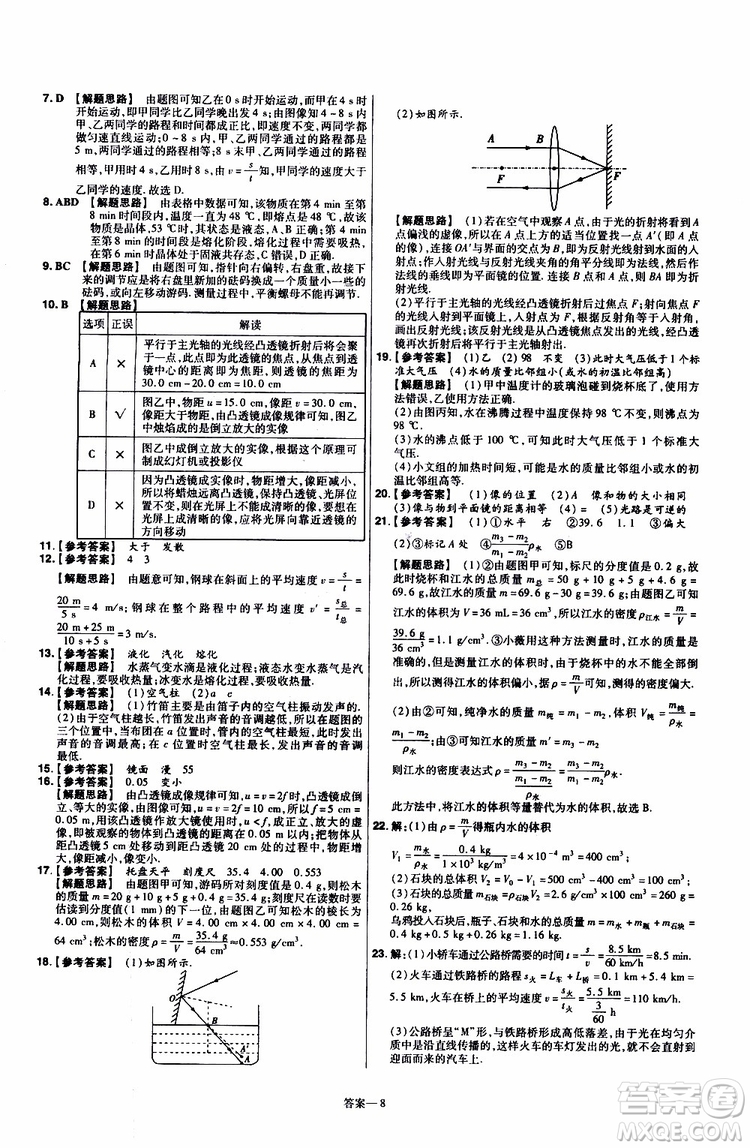 2020版天星教育一遍過(guò)單元綜合能力檢測(cè)卷初中物理八年級(jí)上冊(cè)RJ人教版參考答案