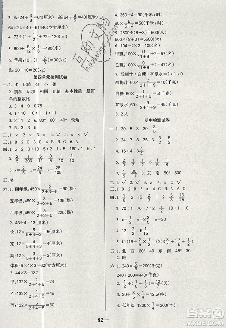 2019年名師點睛滿分卷六年級數(shù)學上冊人教版參考答案