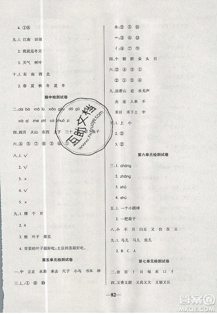 2019年名師點(diǎn)睛滿分卷一年級(jí)語(yǔ)文上冊(cè)人教版參考答案