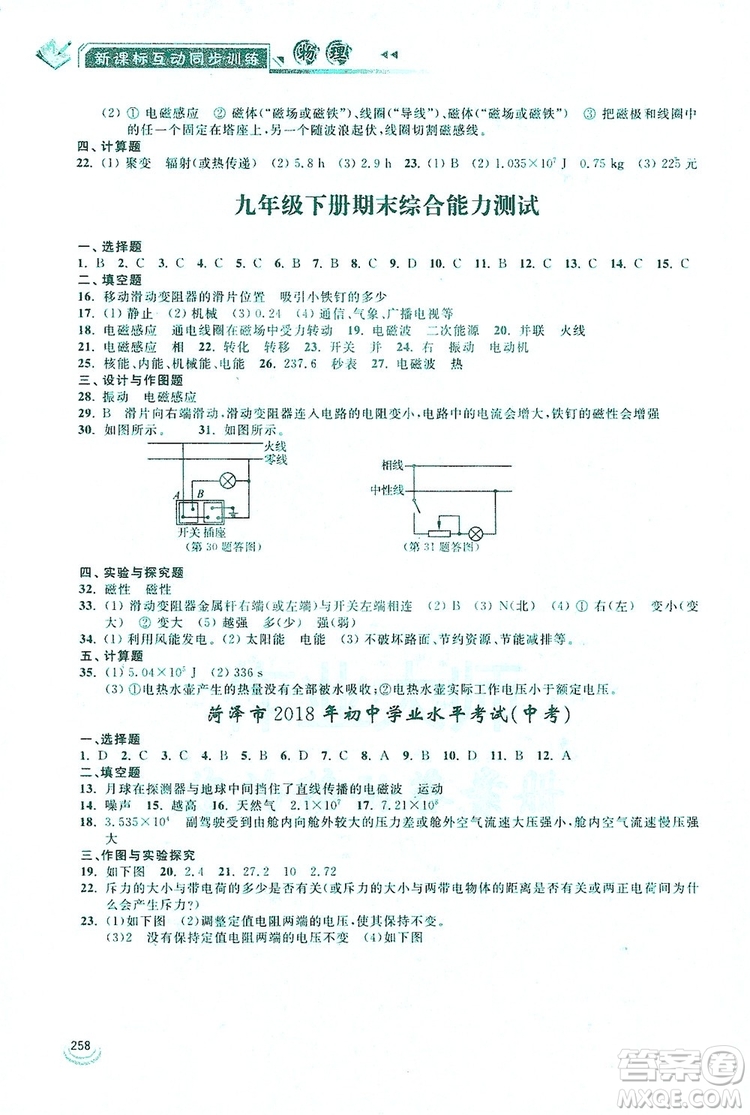 2019新課標互動同步訓練九年級物理全一冊人教版答案