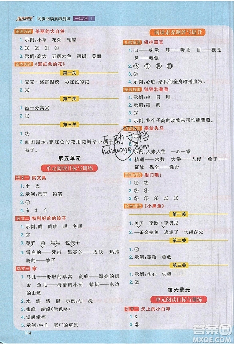 2019年陽(yáng)光同學(xué)同步閱讀素養(yǎng)測(cè)試小學(xué)語(yǔ)文一年級(jí)上冊(cè)參考答案