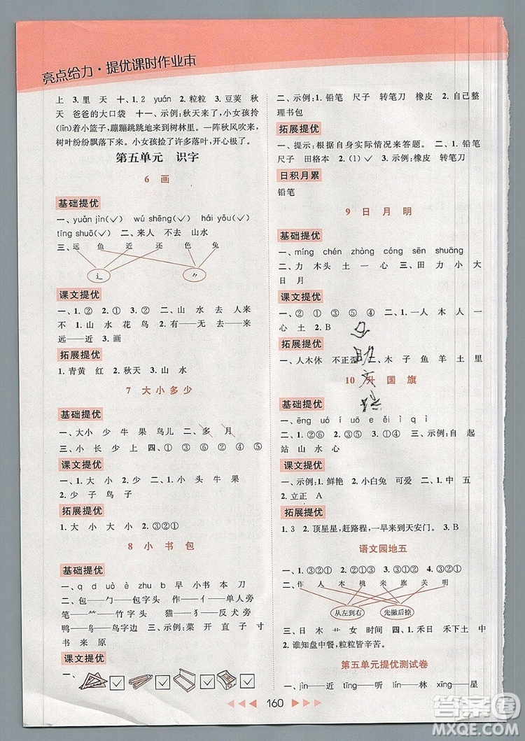 2019年亮點給力提優(yōu)課時作業(yè)本一年級語文上冊參考答案