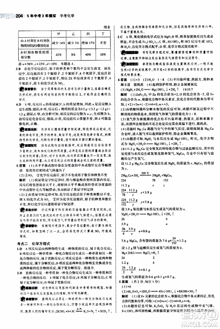 曲一線2020版5年中考3年模擬中考化學江蘇專用參考答案