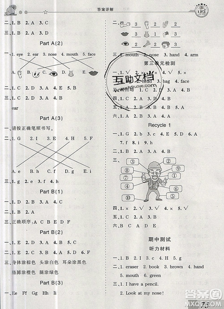 2019年王朝霞創(chuàng)維新課堂三年級英語上冊人教PEP版參考答案