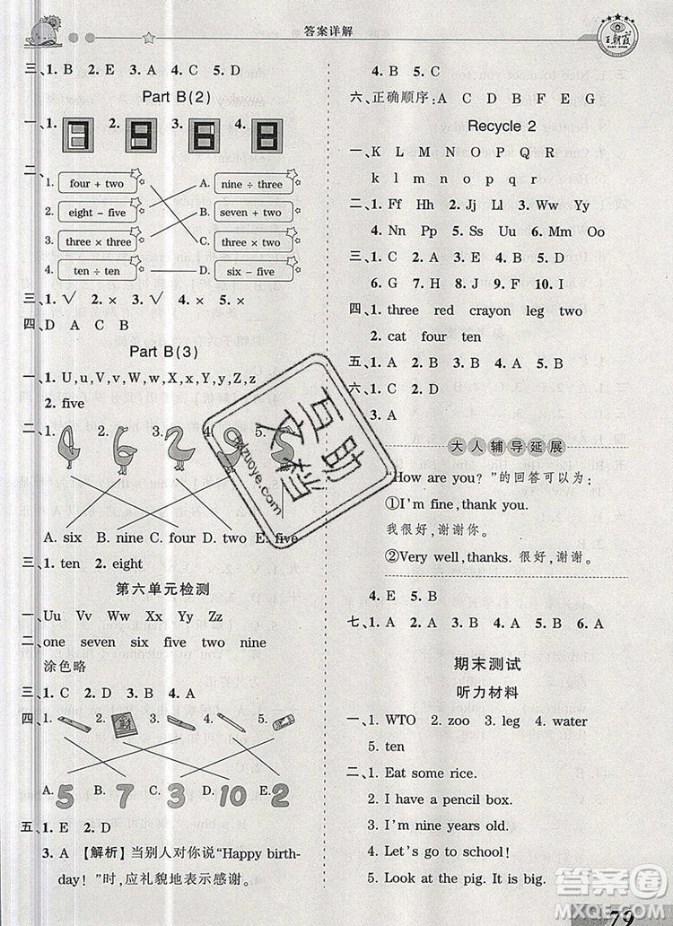 2019年王朝霞創(chuàng)維新課堂三年級英語上冊人教PEP版參考答案