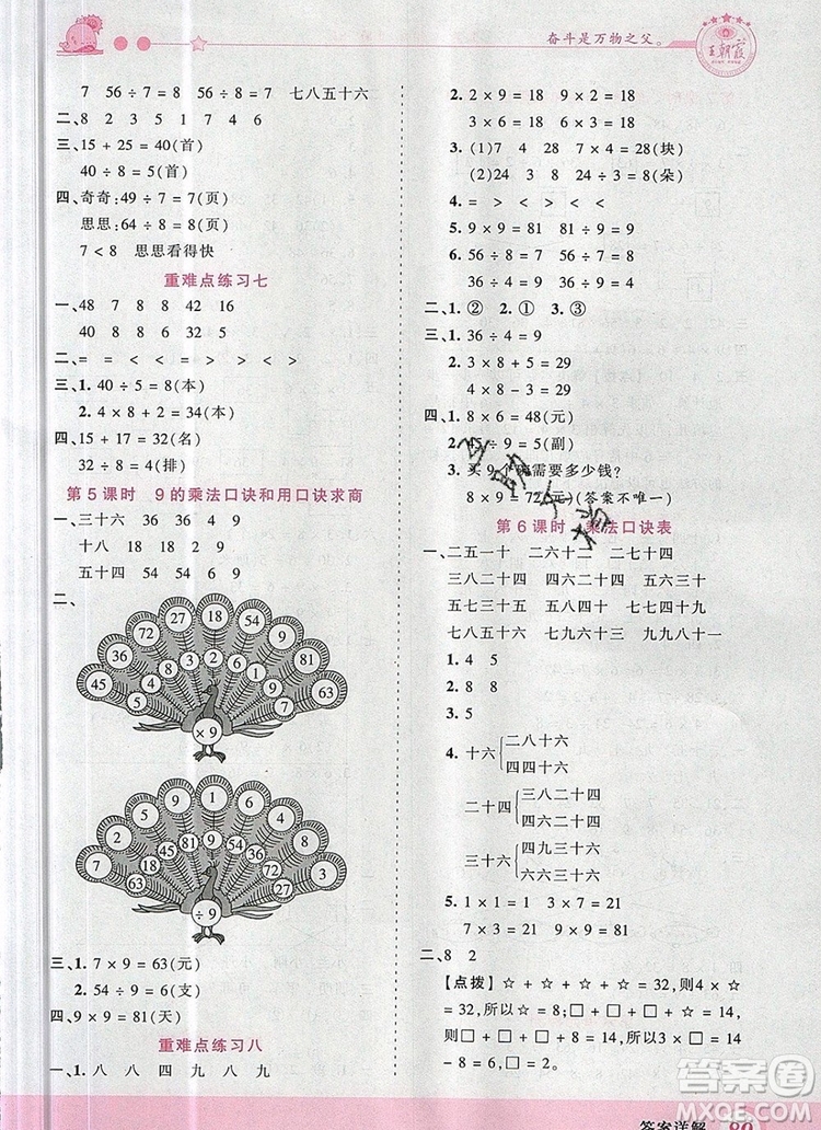 2019年王朝霞創(chuàng)維新課堂二年級(jí)數(shù)學(xué)上冊(cè)蘇教版參考答案