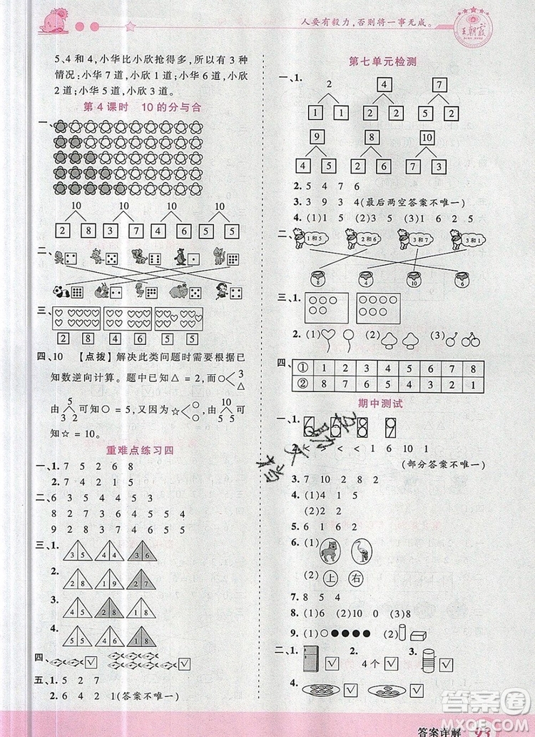 2019年王朝霞創(chuàng)維新課堂一年級(jí)數(shù)學(xué)上冊(cè)蘇教版參考答案