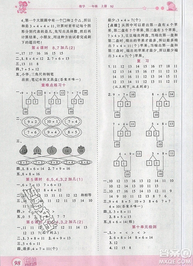 2019年王朝霞創(chuàng)維新課堂一年級(jí)數(shù)學(xué)上冊(cè)蘇教版參考答案