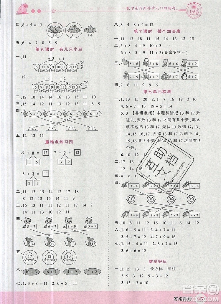 2019年王朝霞創(chuàng)維新課堂一年級數(shù)學(xué)上冊北師大版參考答案