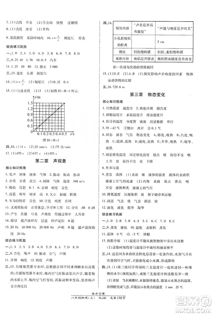 萬向思維2019高效課時通8年級物理上冊人教版答案