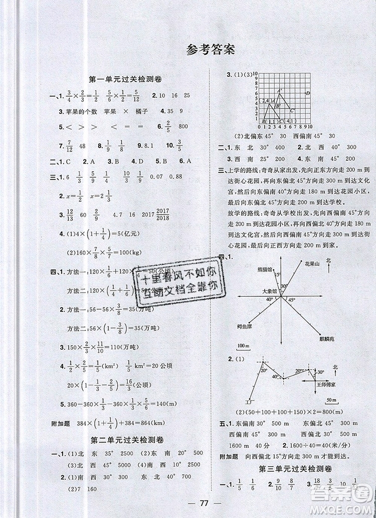 2019年陽(yáng)光同學(xué)一線名師全優(yōu)好卷六年級(jí)數(shù)學(xué)上冊(cè)人教版參考答案