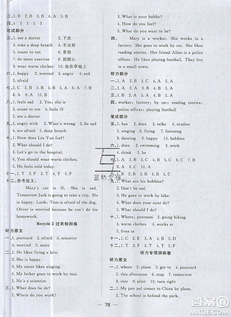 2019年陽(yáng)光同學(xué)一線名師全優(yōu)好卷六年級(jí)英語(yǔ)上冊(cè)人教PEP版參考答案