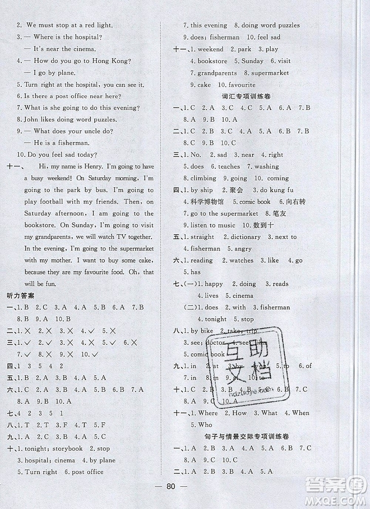 2019年陽(yáng)光同學(xué)一線名師全優(yōu)好卷六年級(jí)英語(yǔ)上冊(cè)人教PEP版參考答案