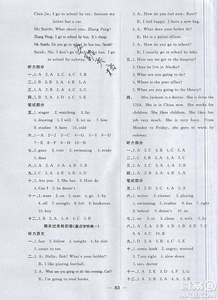 2019年陽(yáng)光同學(xué)一線名師全優(yōu)好卷六年級(jí)英語(yǔ)上冊(cè)人教PEP版參考答案