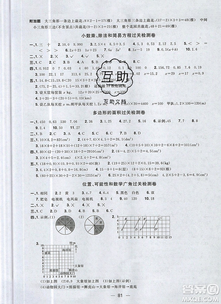 2019年陽光同學一線名師全優(yōu)好卷五年級數(shù)學上冊人教版參考答案