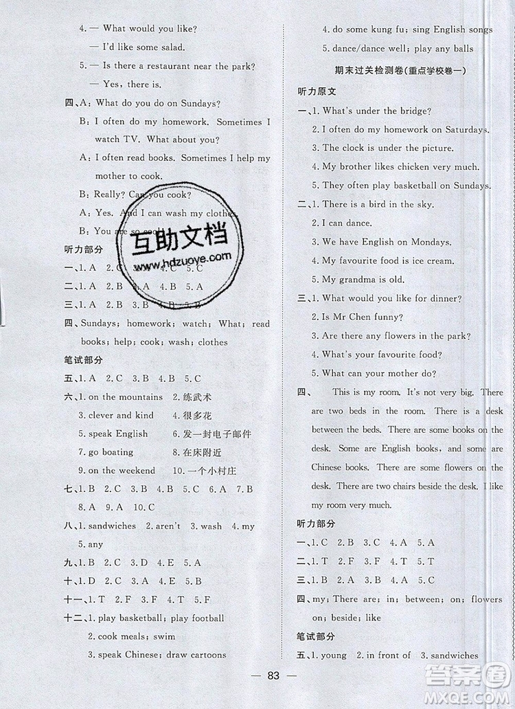 2019年陽(yáng)光同學(xué)一線名師全優(yōu)好卷五年級(jí)英語(yǔ)上冊(cè)人教PEP版參考答案