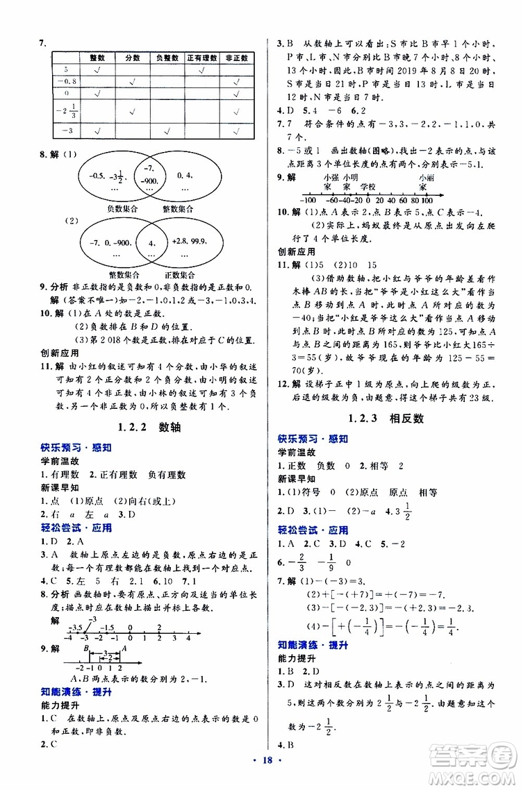 2019年初中同步測控優(yōu)化設(shè)計(jì)數(shù)學(xué)七年級上冊人教版參考答案