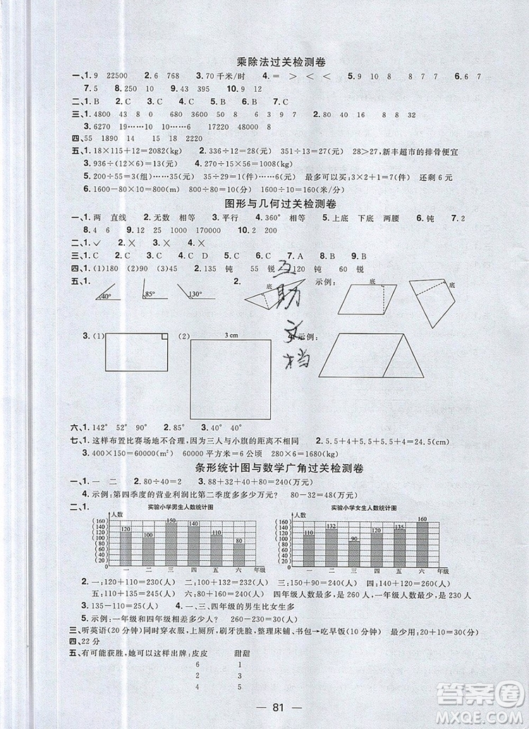 2019年陽光同學一線名師全優(yōu)好卷四年級數(shù)學上冊人教版參考答案