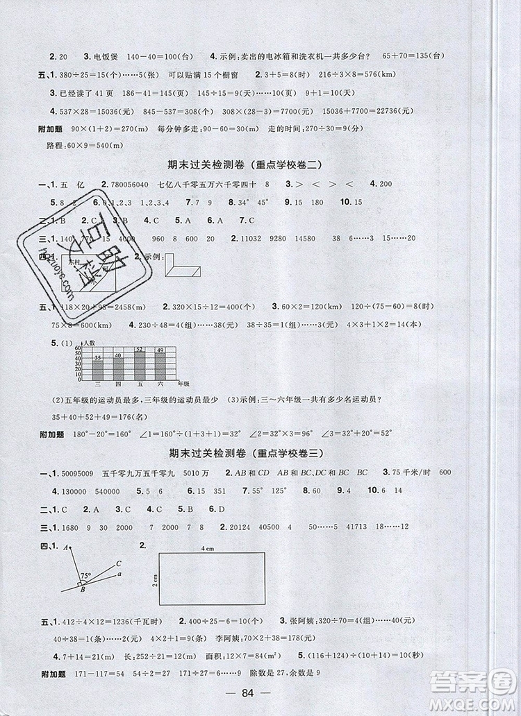 2019年陽光同學一線名師全優(yōu)好卷四年級數(shù)學上冊人教版參考答案