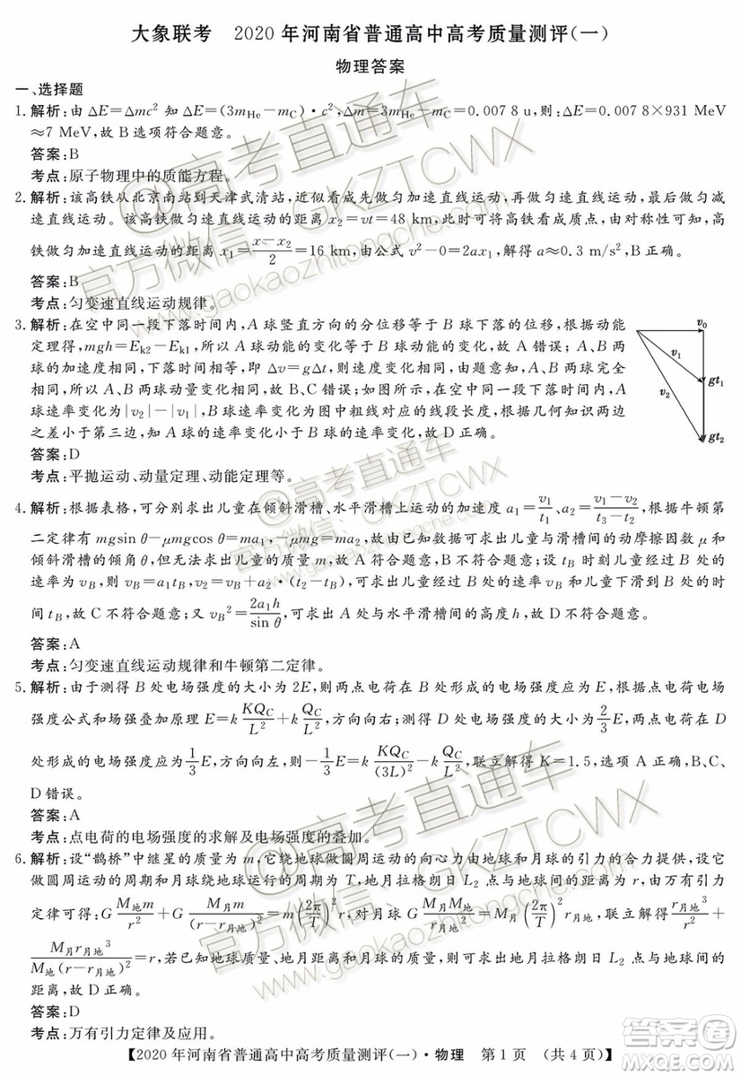 2020屆河南大象聯(lián)考測(cè)評(píng)一物理試題及參考答案