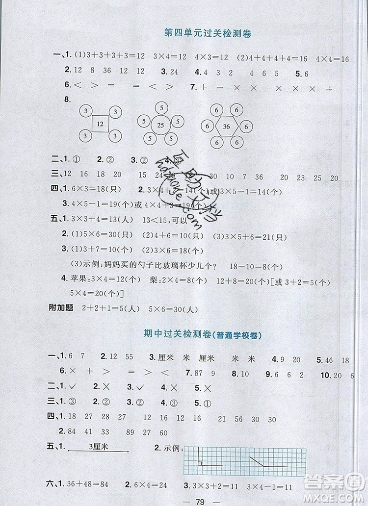 2019年陽光同學(xué)一線名師全優(yōu)好卷二年級數(shù)學(xué)上冊人教版參考答案