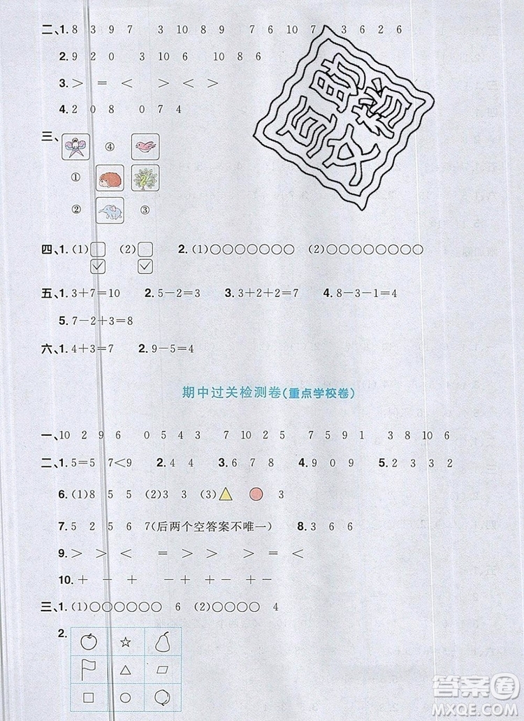 2019年陽(yáng)光同學(xué)一線名師全優(yōu)好卷一年級(jí)數(shù)學(xué)上冊(cè)人教版參考答案