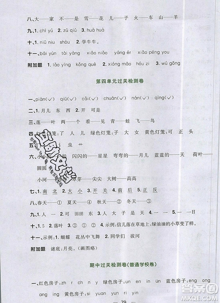 2019年陽(yáng)光同學(xué)一線名師全優(yōu)好卷一年級(jí)語(yǔ)文上冊(cè)人教版參考答案