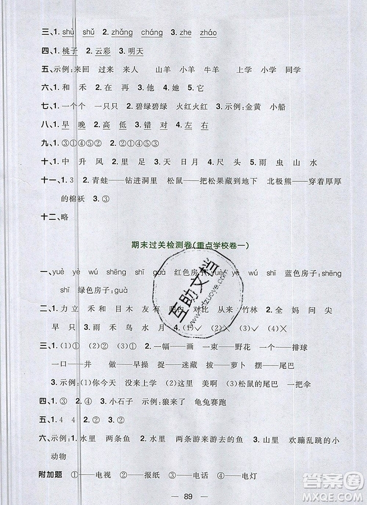 2019年陽(yáng)光同學(xué)一線名師全優(yōu)好卷一年級(jí)語(yǔ)文上冊(cè)人教版參考答案