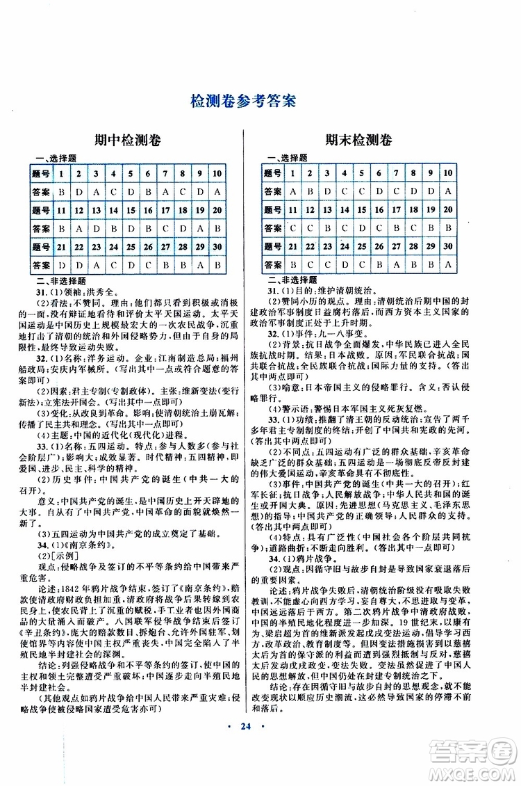 2019年初中同步測(cè)控優(yōu)化設(shè)計(jì)課堂精練八年級(jí)上冊(cè)中國(guó)歷史福建專(zhuān)版參考答案